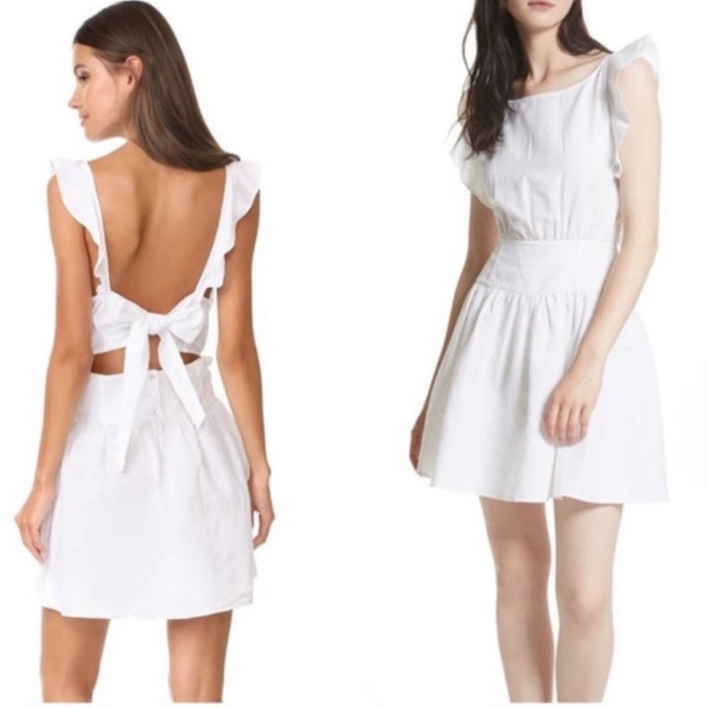 Free People Erin Mini Linen Blend Flutter Sleeves Dress in White Small